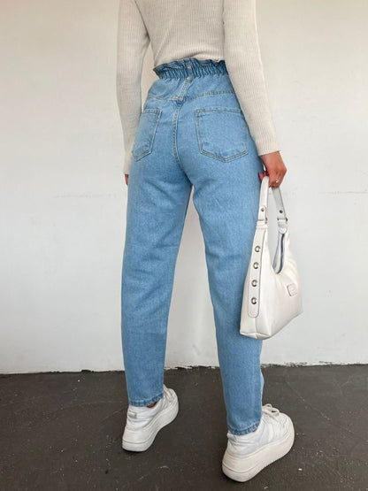 Beli Lastikli Yüksek Bel Kot Pantolon     -Açık Mavi