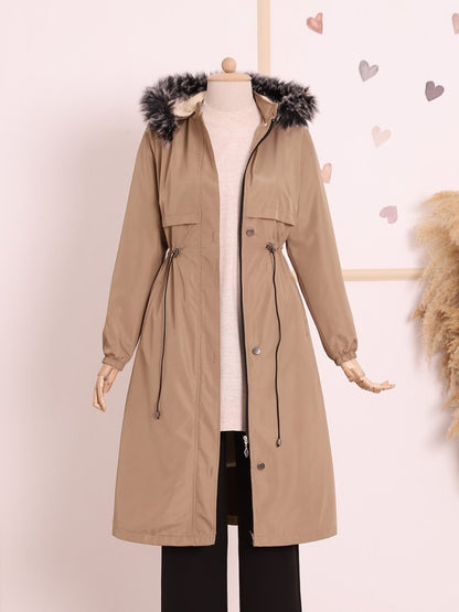 Çıkma Kapşonlu Tünel Bağcıklı Bondit Kaban -Açık Vizon