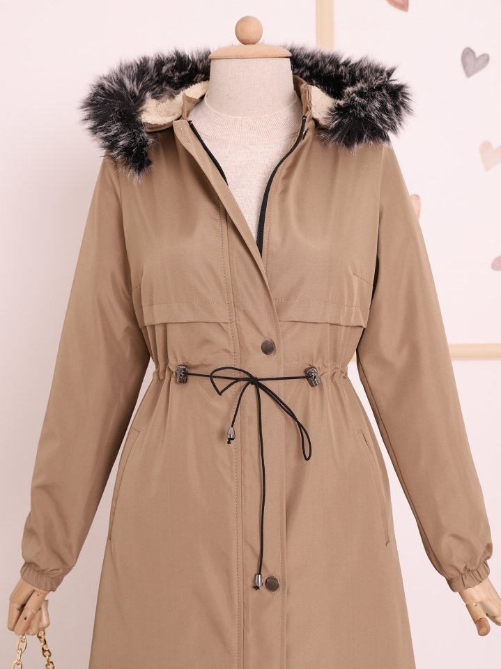 Çıkma Kapşonlu Tünel Bağcıklı Bondit Kaban -Açık Vizon