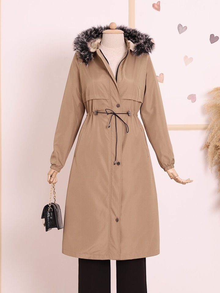 Çıkma Kapşonlu Tünel Bağcıklı Bondit Kaban -Açık Vizon