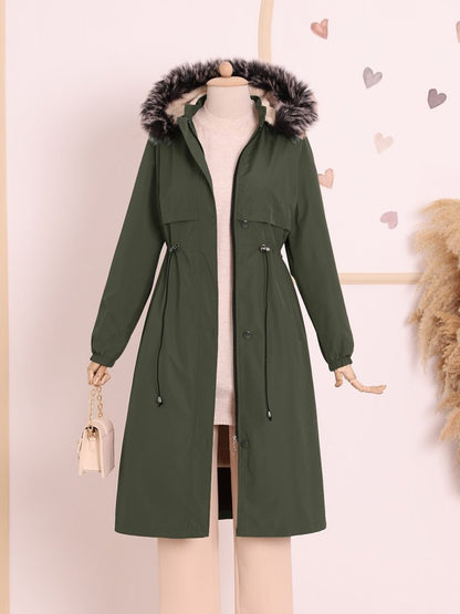 Çıkma Kapşonlu Tünel Bağcıklı Bondit Kaban -Haki