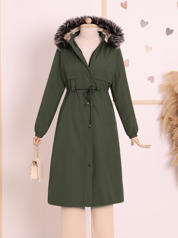 Çıkma Kapşonlu Tünel Bağcıklı Bondit Kaban -Haki