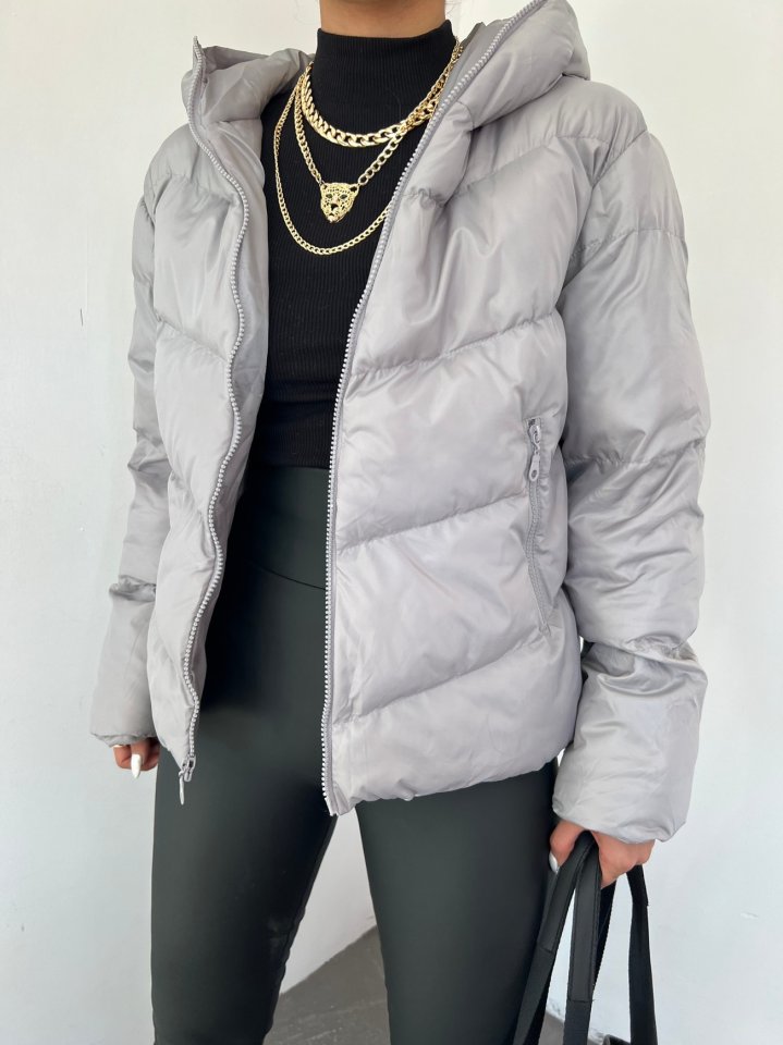 Sabit Kapşonlu Fermuarlı Kışlık Mont -Gri