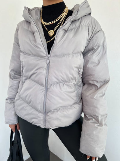 Sabit Kapşonlu Fermuarlı Kışlık Mont -Gri