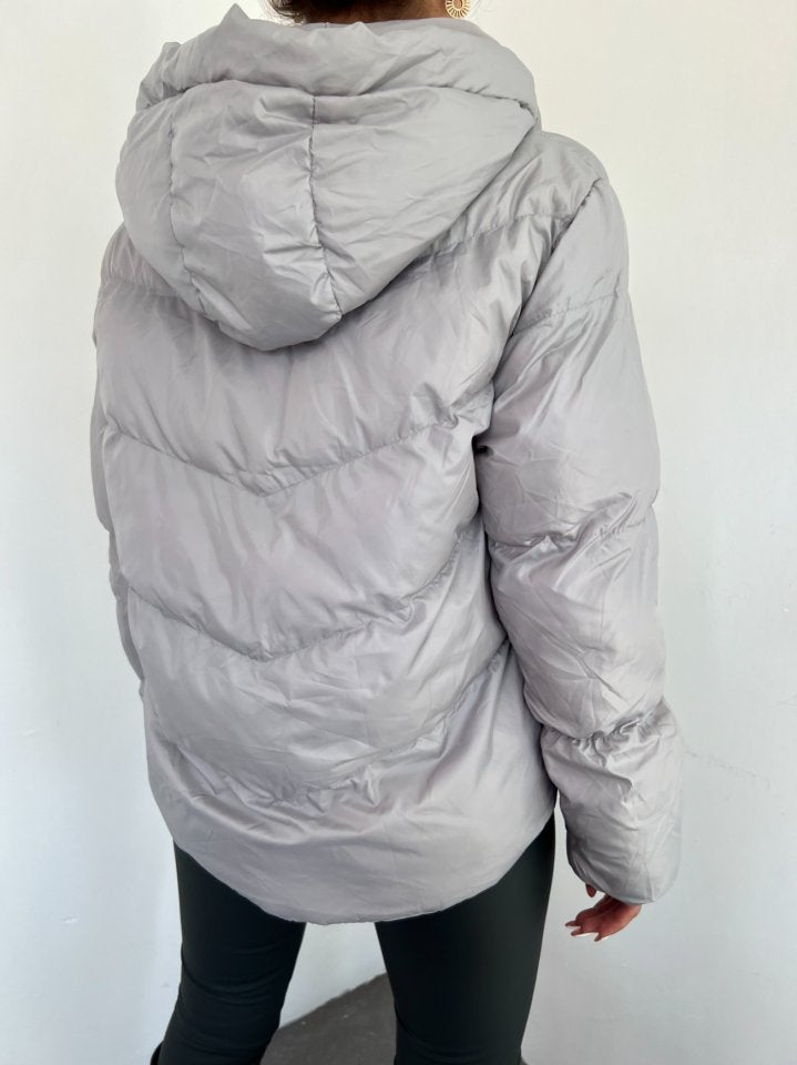 Sabit Kapşonlu Fermuarlı Kışlık Mont -Gri