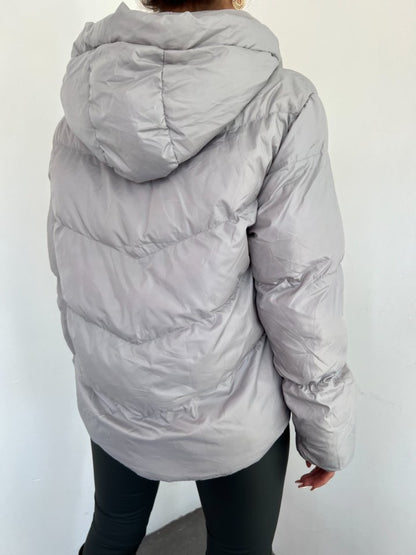 Sabit Kapşonlu Fermuarlı Kışlık Mont -Gri