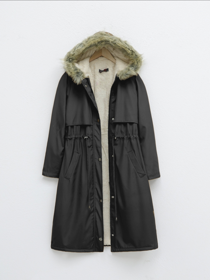 İçi Peluşlu Sabit Kapşonlu Tünel Bağcıklı Uzun Mont -Siyah