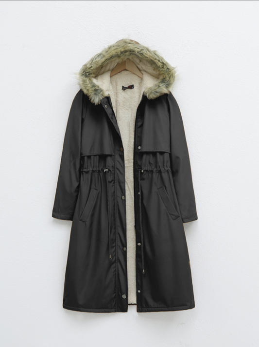 İçi Peluşlu Sabit Kapşonlu Tünel Bağcıklı Uzun Mont -Siyah