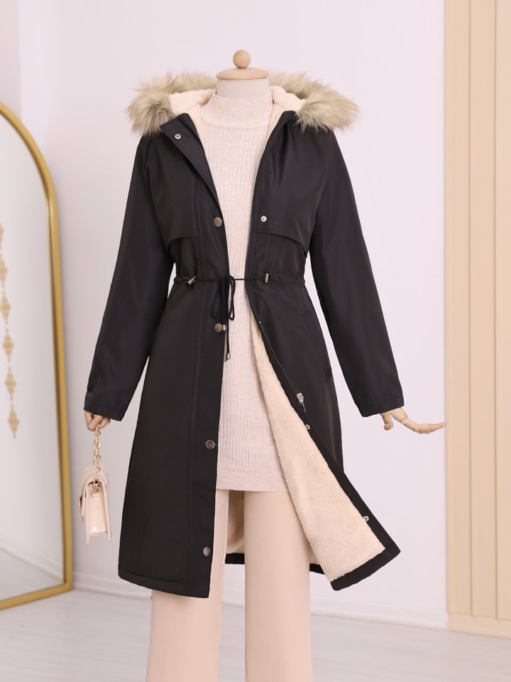 İçi Peluşlu Sabit Kapşonlu Tünel Bağcıklı Uzun Mont -Siyah