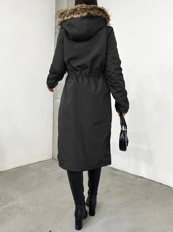 İçi Peluşlu Sabit Kapşonlu Tünel Bağcıklı Uzun Mont -Siyah