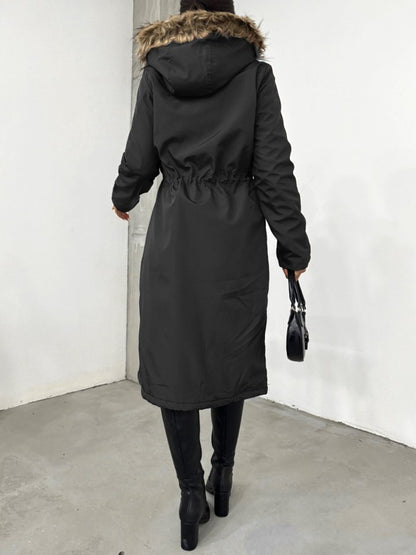 İçi Peluşlu Sabit Kapşonlu Tünel Bağcıklı Uzun Mont -Siyah
