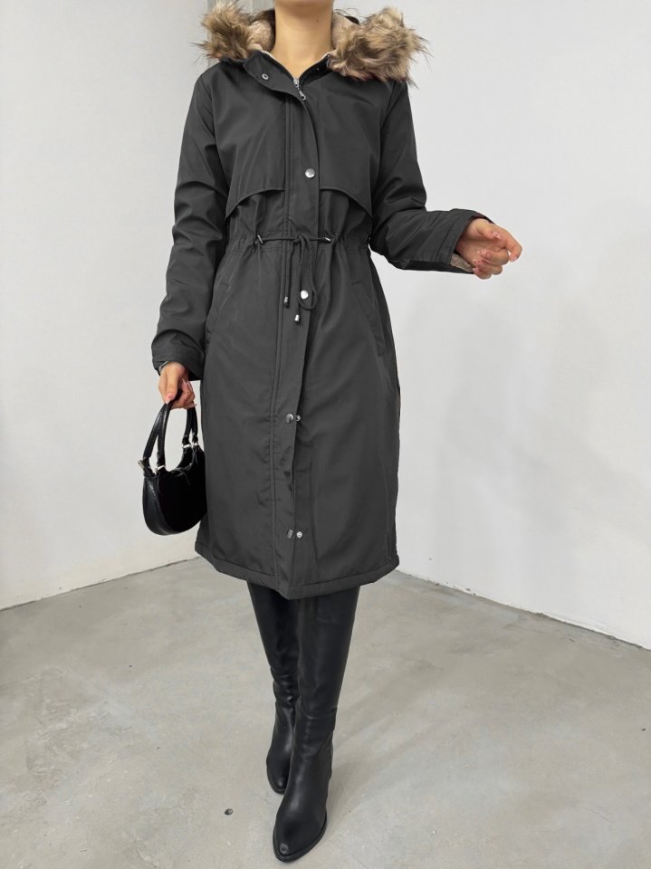 İçi Peluşlu Sabit Kapşonlu Tünel Bağcıklı Uzun Mont -Siyah