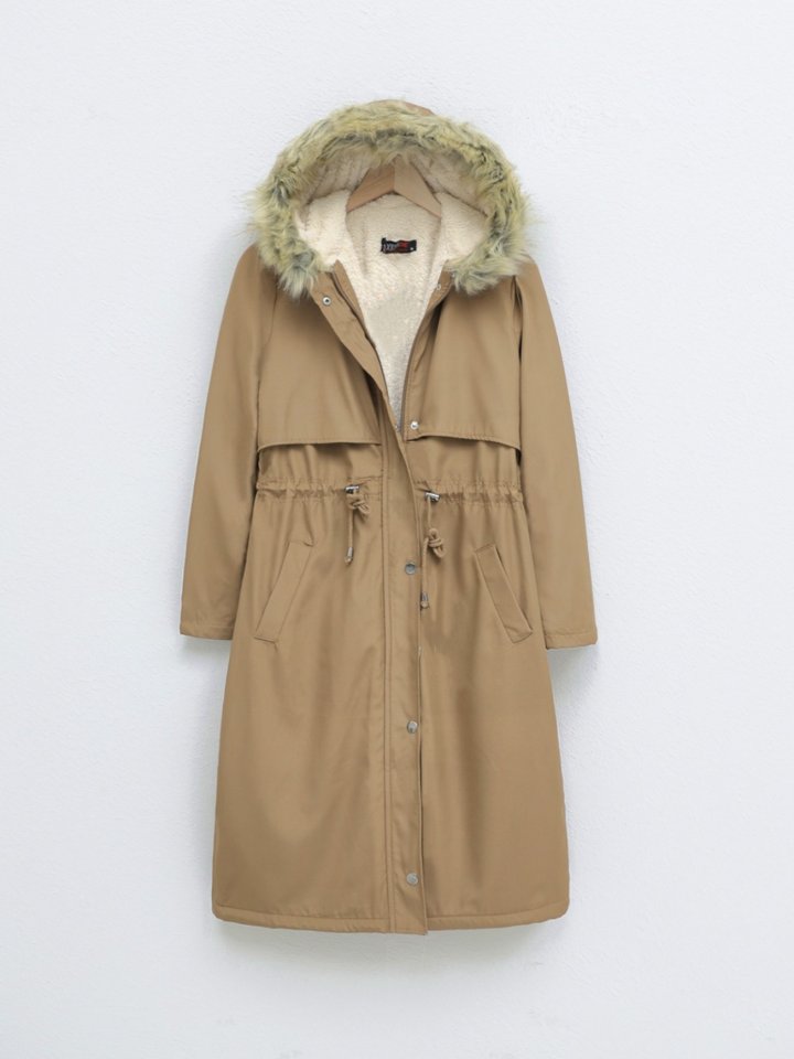 İçi Peluşlu Sabit Kapşonlu Tünel Bağcıklı Uzun Mont -Vizon