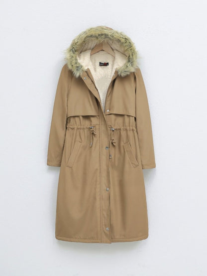 İçi Peluşlu Sabit Kapşonlu Tünel Bağcıklı Uzun Mont -Vizon