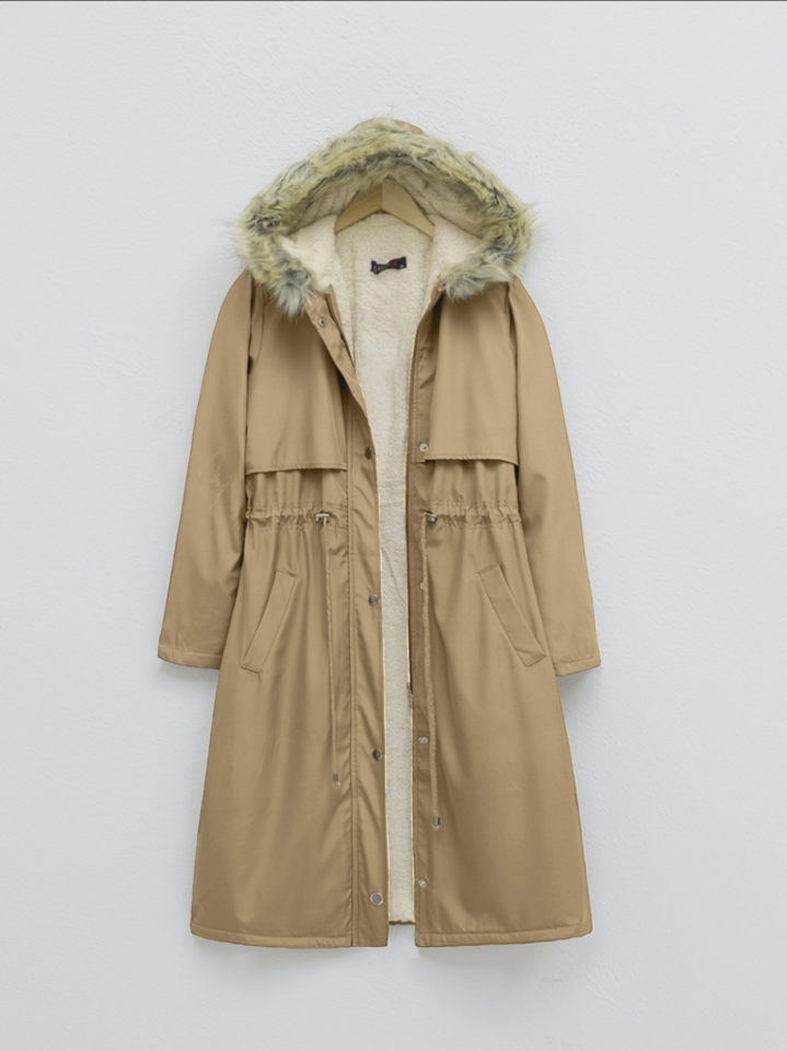 İçi Peluşlu Sabit Kapşonlu Tünel Bağcıklı Uzun Mont -Vizon