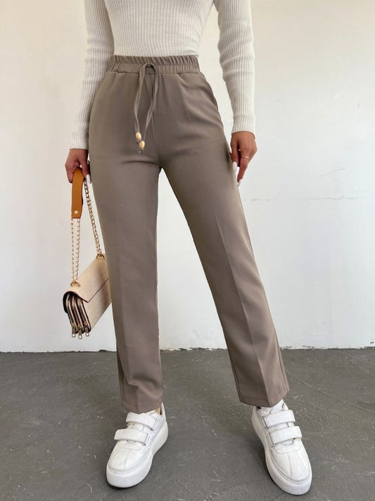 Beli Lastikli Çift Cepli Bağcık Detaylı Pantolon        -Vizon