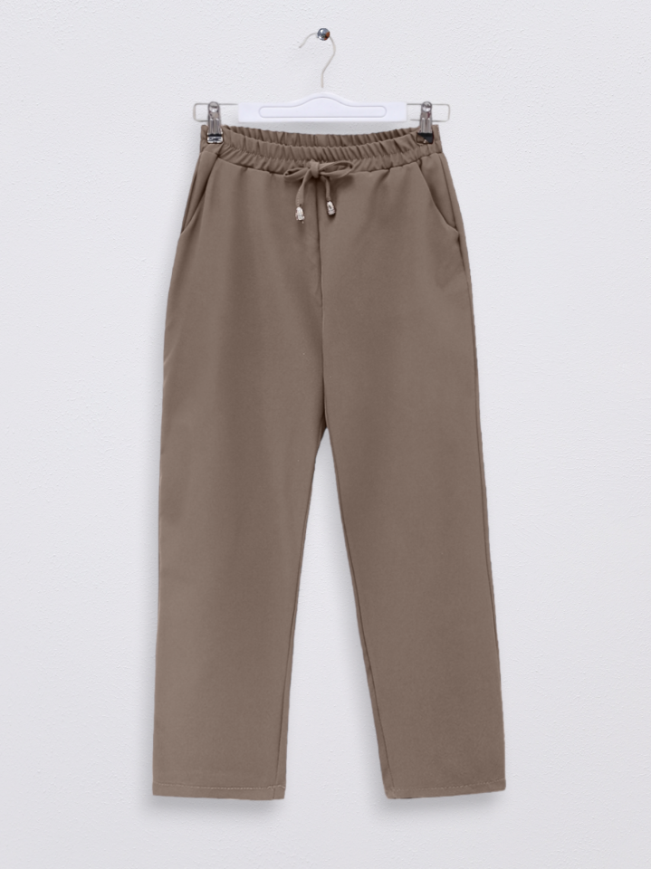 Beli Lastikli Çift Cepli Bağcık Detaylı Pantolon        -Vizon