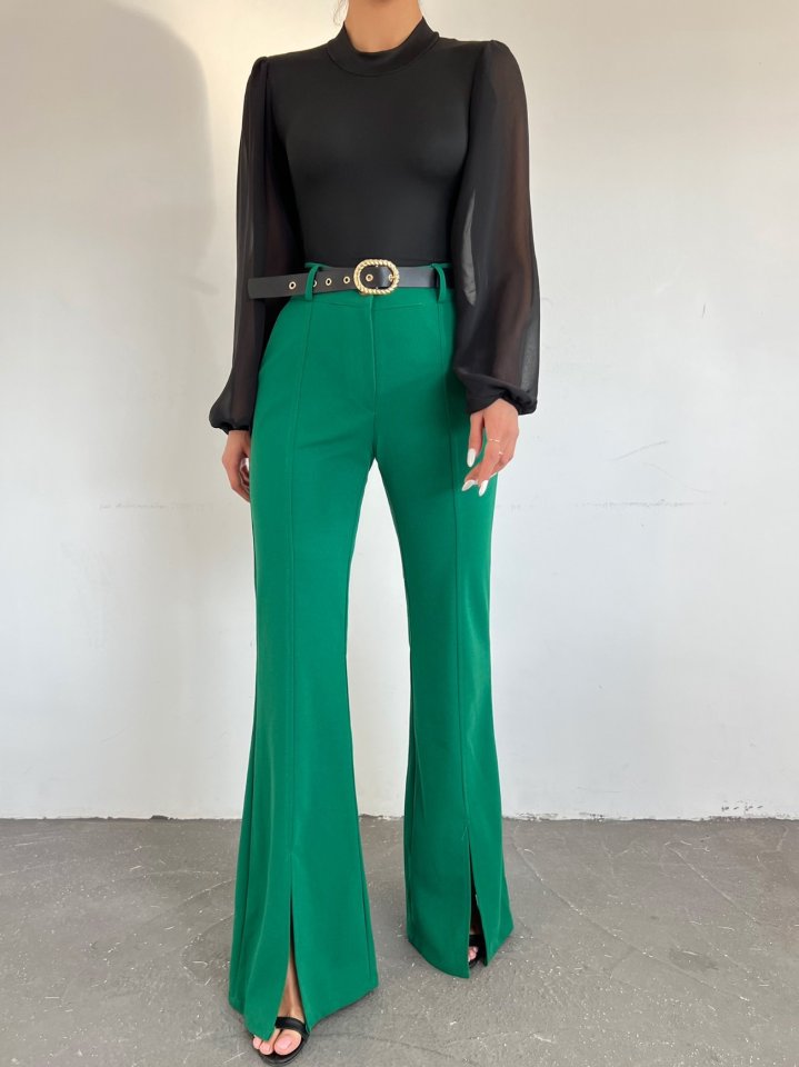 İspanyol Paça Yırtmaçlı Kemerli Pantolon -Yeşil