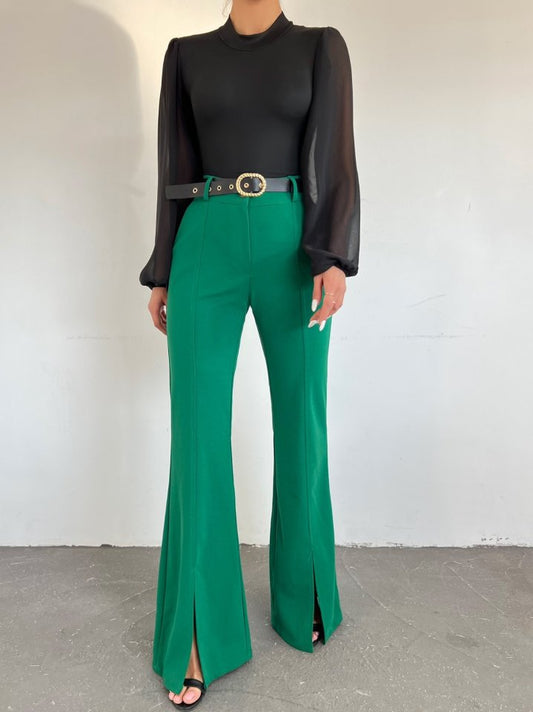 İspanyol Paça Yırtmaçlı Kemerli Pantolon -Yeşil
