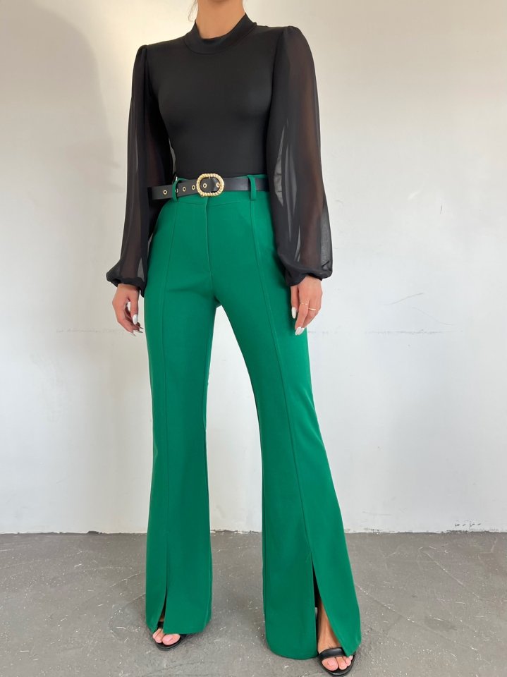 İspanyol Paça Yırtmaçlı Kemerli Pantolon -Yeşil