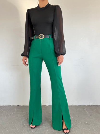 İspanyol Paça Yırtmaçlı Kemerli Pantolon -Yeşil