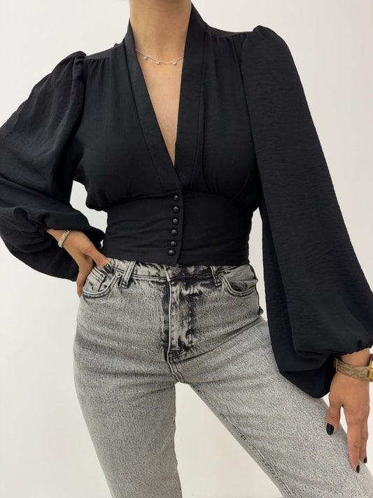 Düğmeli Arkası Lastikli Balon Kol Sandy Crop -Siyah