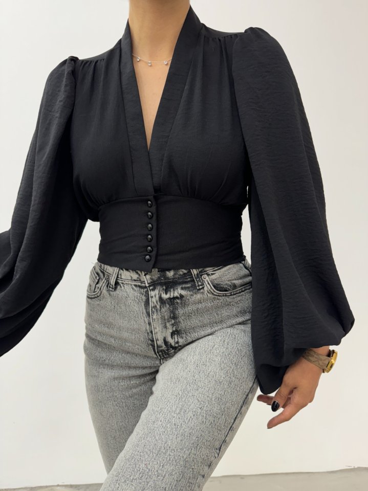 Düğmeli Arkası Lastikli Balon Kol Sandy Crop -Siyah