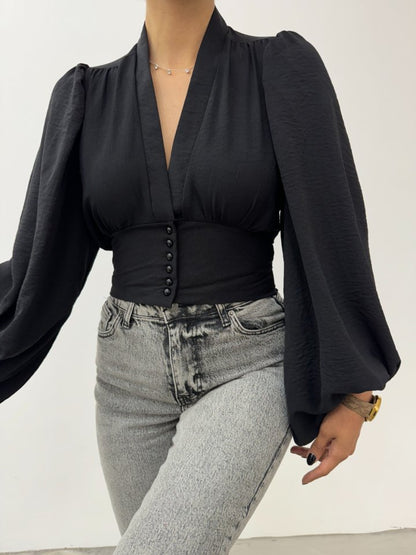 Düğmeli Arkası Lastikli Balon Kol Sandy Crop -Siyah