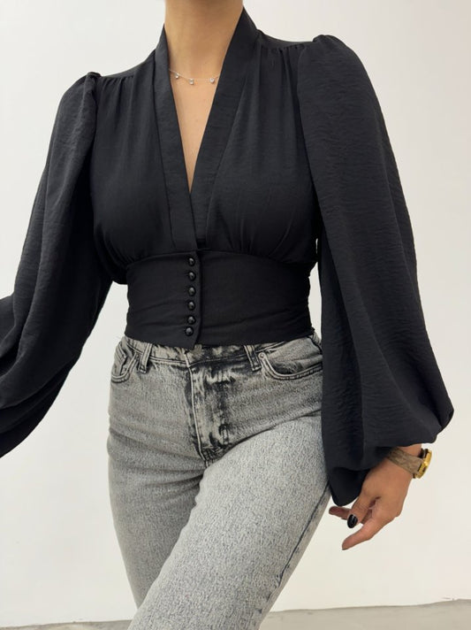 Düğmeli Arkası Lastikli Balon Kol Sandy Crop -Siyah