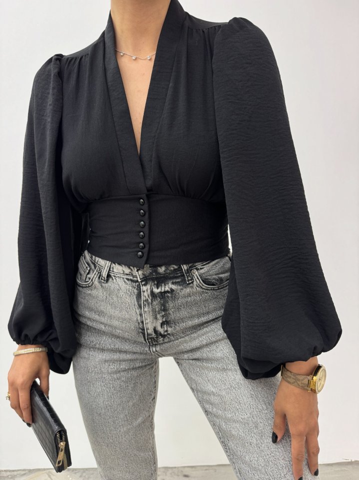 Düğmeli Arkası Lastikli Balon Kol Sandy Crop -Siyah