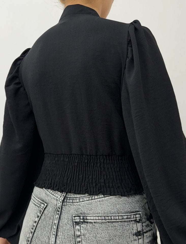 Düğmeli Arkası Lastikli Balon Kol Sandy Crop -Siyah