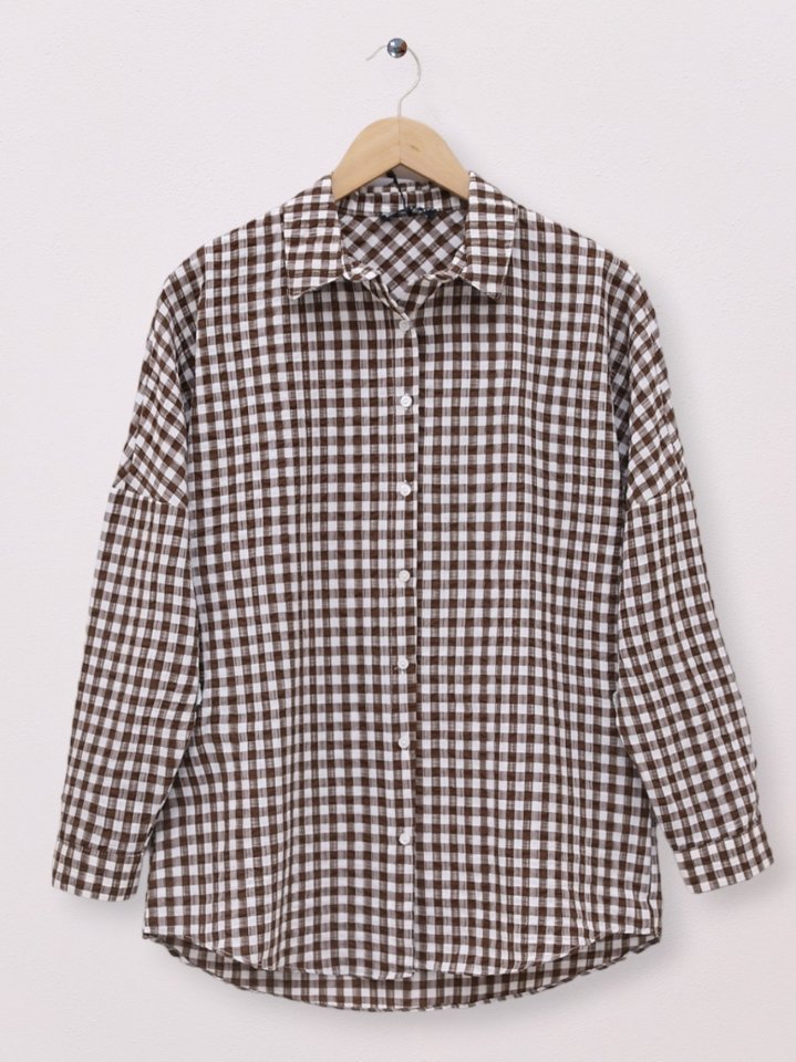 Boydan Düğmeli Gofre Gömlek -Kahve