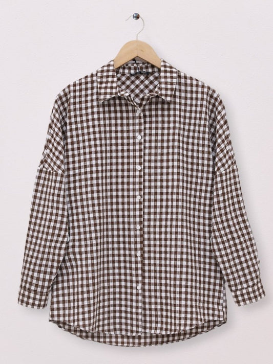 Boydan Düğmeli Gofre Gömlek -Kahve