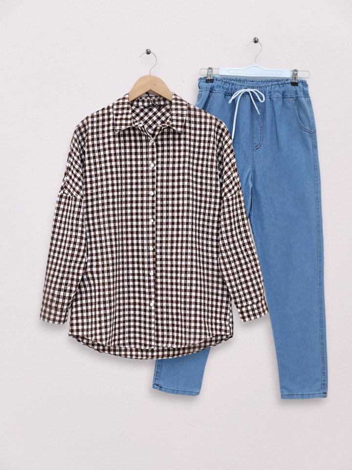 Boydan Düğmeli Gofre Gömlek -Kahve