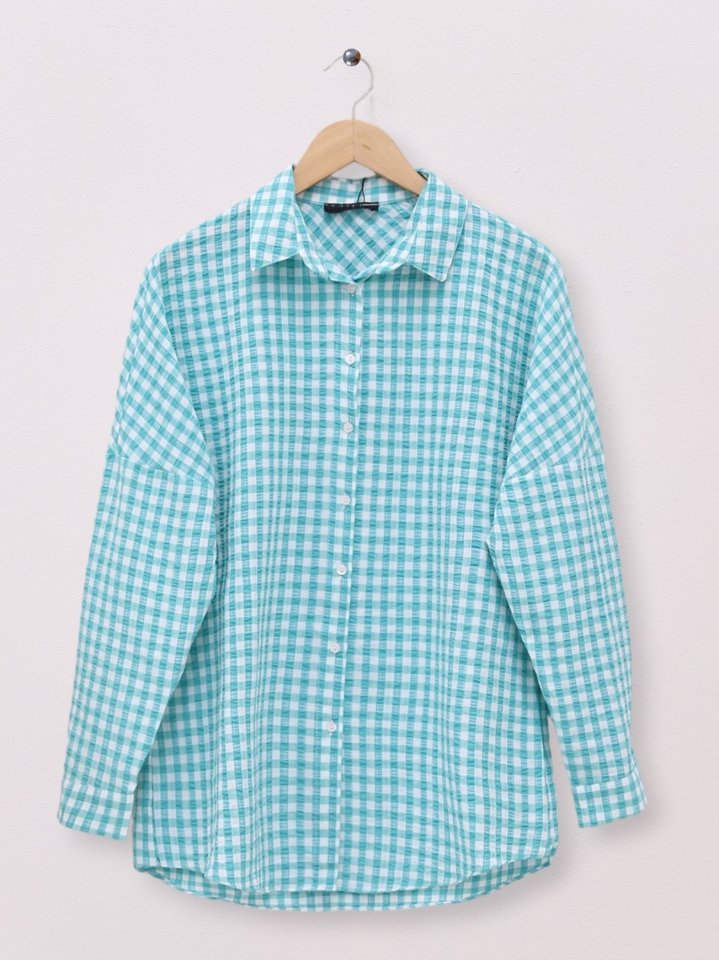 Boydan Düğmeli Gofre Gömlek -Mint