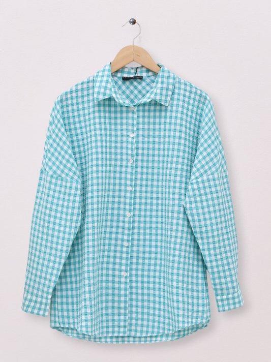 Boydan Düğmeli Gofre Gömlek -Mint