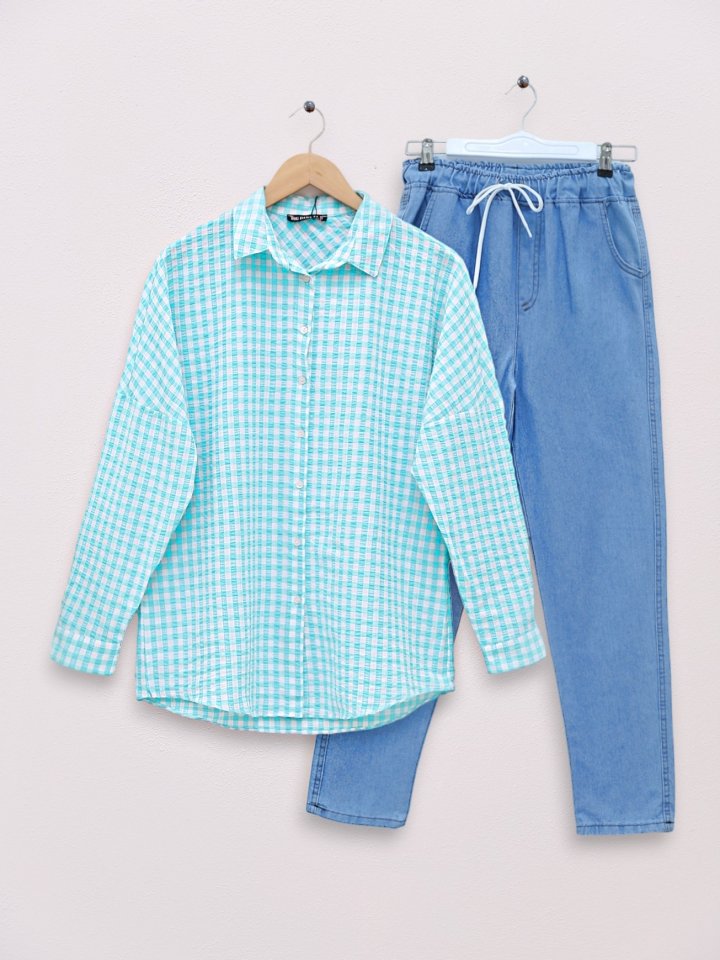 Boydan Düğmeli Gofre Gömlek -Mint