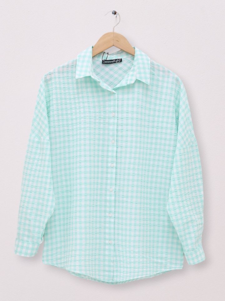 Boydan Düğmeli Gofre Gömlek -Su Yeşili