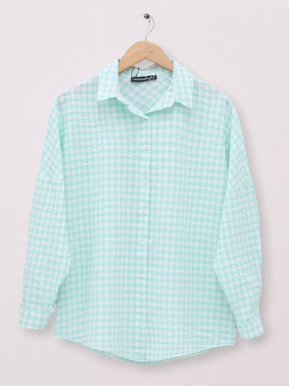 Boydan Düğmeli Gofre Gömlek -Su Yeşili