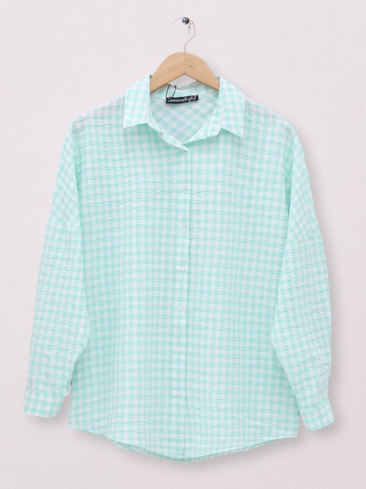 Boydan Düğmeli Gofre Gömlek -Su Yeşili