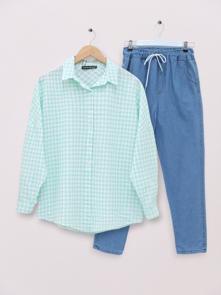 Boydan Düğmeli Gofre Gömlek -Su Yeşili