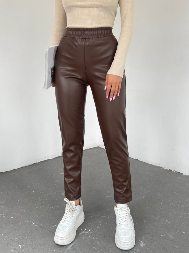 Beli Lastikli Deri Pantolon -Kahve