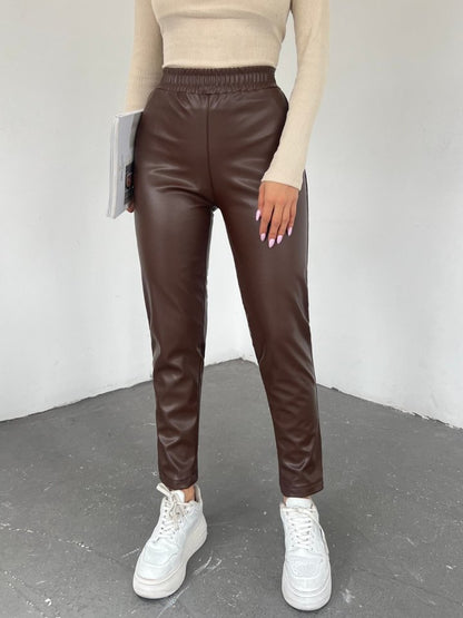 Beli Lastikli Deri Pantolon -Kahve