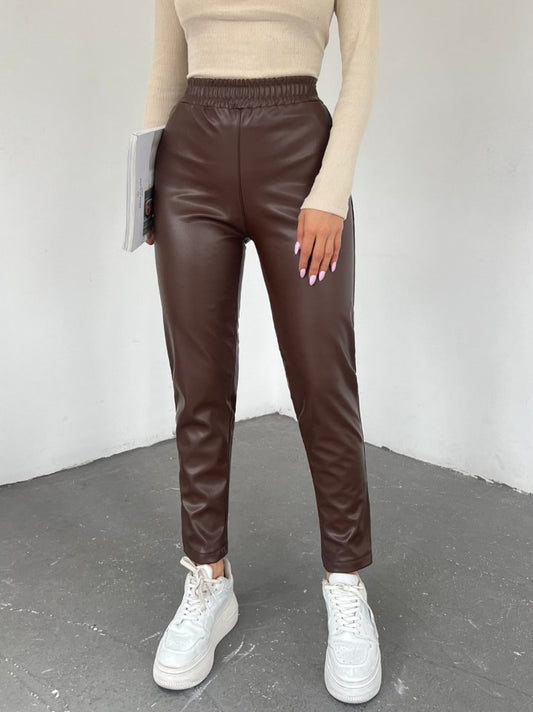 Beli Lastikli Deri Pantolon -Kahve