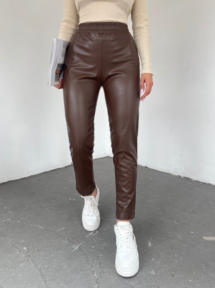 Beli Lastikli Deri Pantolon -Kahve