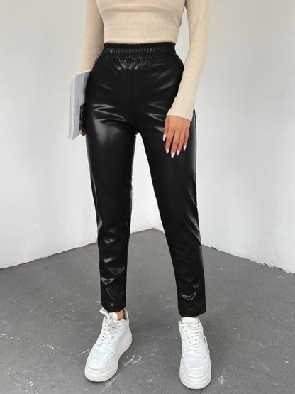 Beli Lastikli Deri Pantolon -Siyah