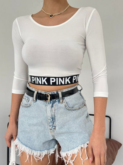 Pink Yazılı Fakir Kol Lastikli Crop -Ekru