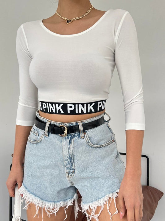 Pink Yazılı Fakir Kol Lastikli Crop -Ekru