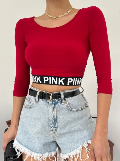 Pink Yazılı Fakir Kol Lastikli Crop -Kırmızı