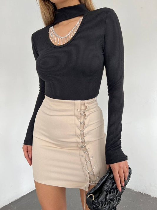 Dik Yaka Taş Detaylı Uzun Kol Bluz -Siyah